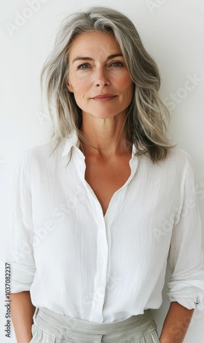 Woman with grey hair in a white shirt.