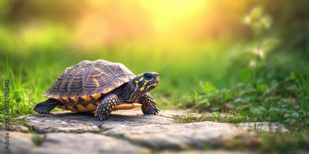 Fototapeta premium Turtle basking under sunlight on a stone pathway in a lush green environment.