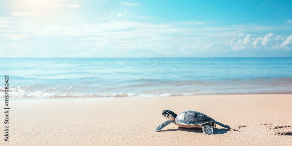 Turtle resting on a sandy beach under bright blue skies.