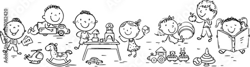 Cute cartoon little kids playing with toys, indoor activity, kids clipart. Outline kindergarten children, coloring page