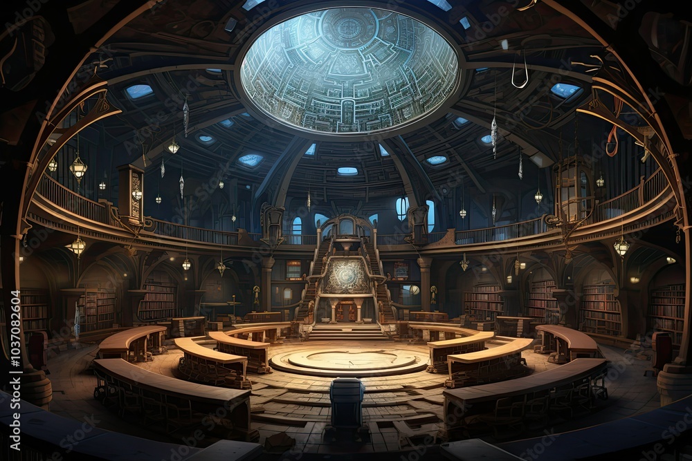 Obraz premium Inside a futuristic spaceship on an alien planet a man investigates the intricate control panel illuminated by glowing symbols surrounded by advanced technology