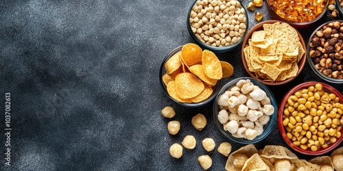 Variety of snacks in bowls on a dark textured background, perfect for sharing.