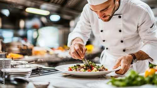 A chef expertly preparing a gourmet dish in a kitchen, illustrating culinary skills as a form of skilled labor