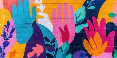 Vibrant mural design featuring colorful hands and flowers on a textured background.