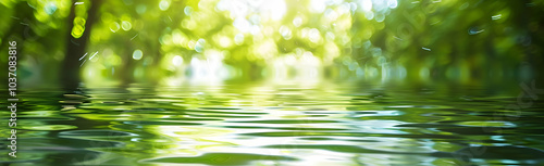 Blurred green water surface with the reflection of trees and sunlight.