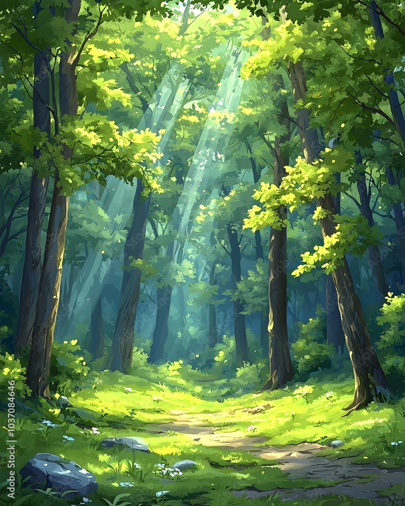 Fototapeta premium Serene forest scene with sunlight filtering through lush green trees, creating a tranquil pathway in nature's embrace.