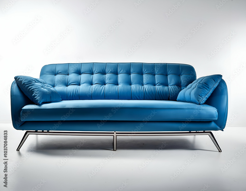 Fototapeta premium minimalist blue sofa with sleek metal legs, isolated on a crisp white background, accentuating its simple yet stylish design. The composition offers a chic, modern vibe