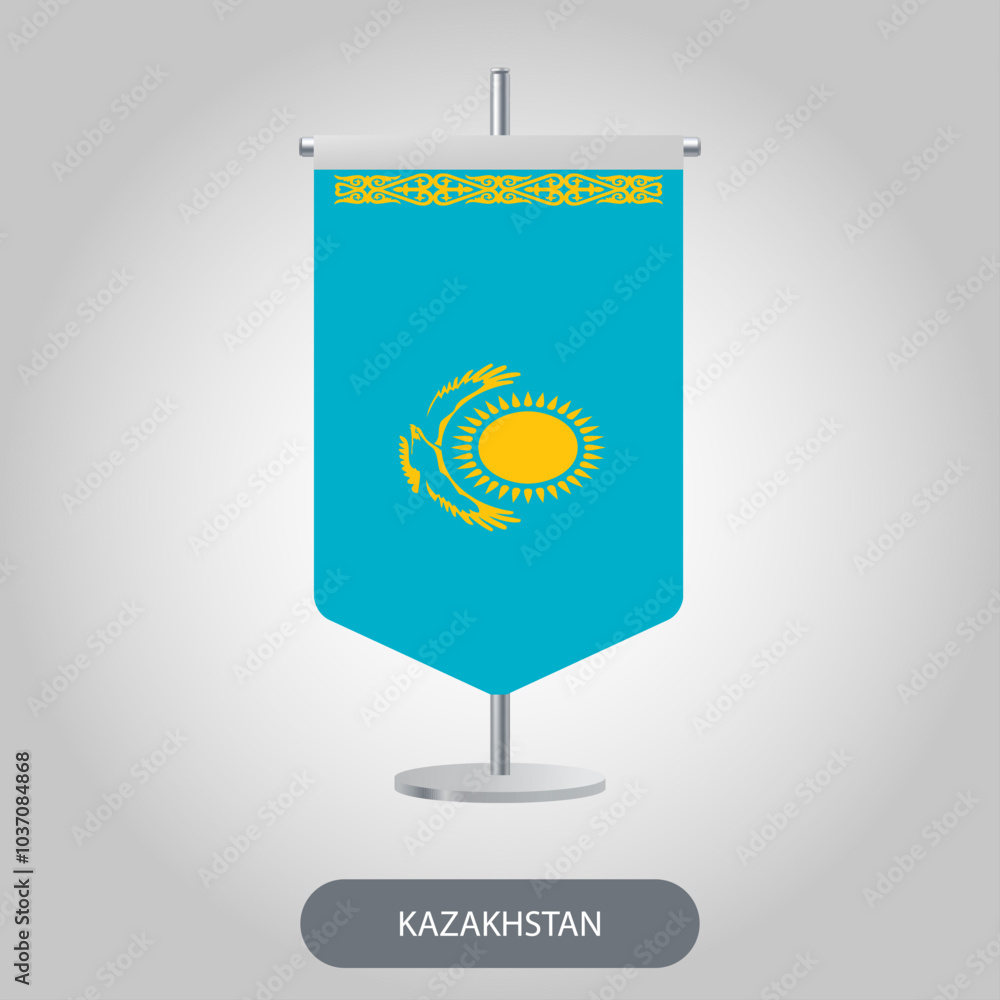 Fototapeta premium Kazakhstan vertical table flag on light grey background. Kazakhstan vertical desk flag isolated on grey background 