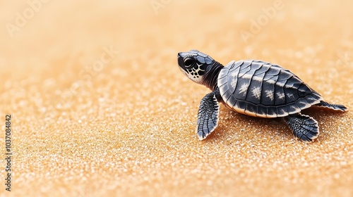 A baby sea turtle crawling across the sandy beach, symbolizing the journey of nature and the ocean's wildlife.