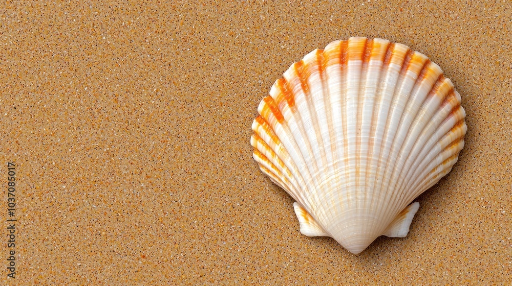 A beautiful orange and white scallop shell resting on soft golden sand, perfect for beach-themed projects or nature illustrations. A beautiful orange and white scallop shell resting on soft golden sand, perfect for beach-themed projects or nature illustrations.