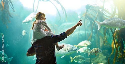 Photography Father, kid and back with fish in aquarium for education experience, marine learning and coral environment