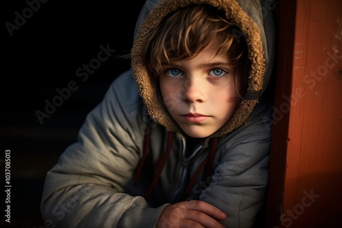 Portrait of a boy in a hood on the street at night