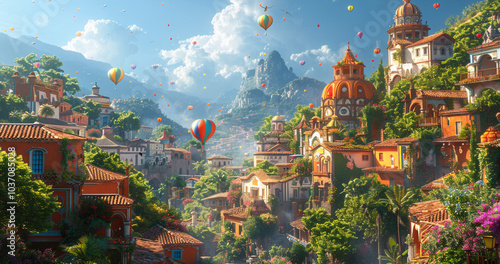 明るい朝の光に照らされた小さな村の風景