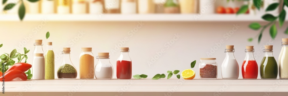 Colorful bottles of sauces and condiments on a kitchen shelf, bright and inviting. Colorful bottles of sauces and condiments on a kitchen shelf, bright and inviting.