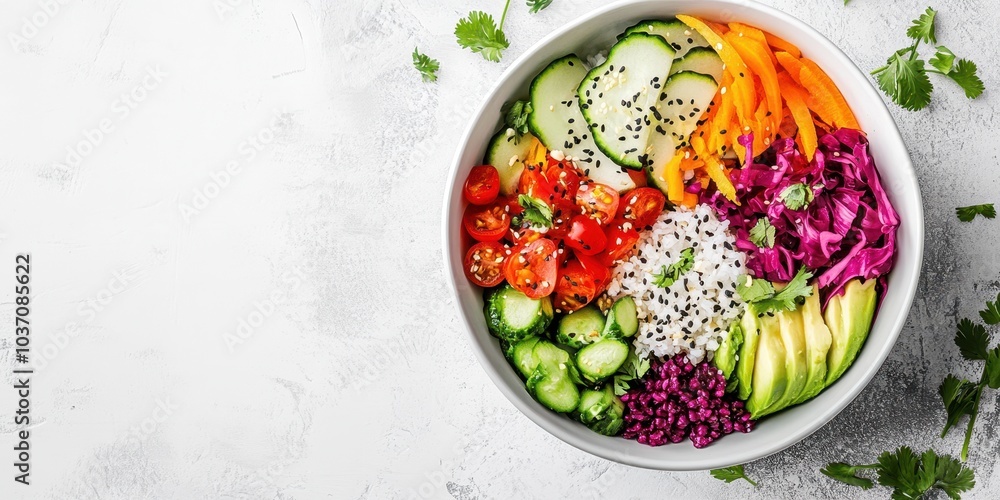 Colorful bowl of fresh vegetables and grains on a light background. Colorful bowl of fresh vegetables and grains on a light background.