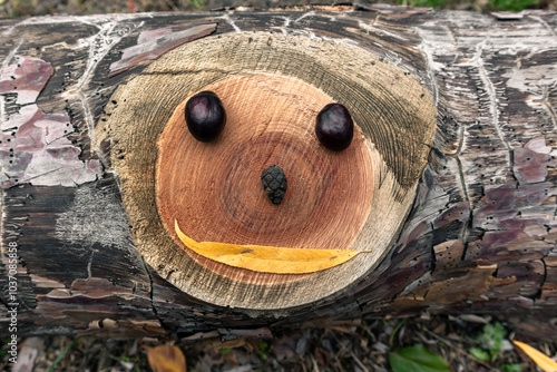 A smiling face on the cutted pine tree made of chestnuts with leaf and cone photo