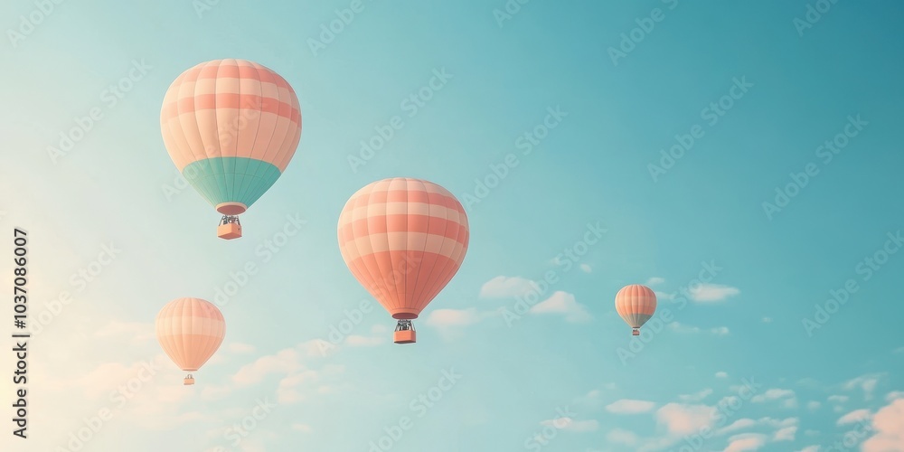 Fototapeta premium Colorful hot air balloons in a clear sky, creating a serene and peaceful atmosphere.