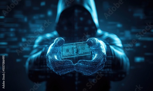 A hooded figure displays a digital representation of money, symbolizing cybercrime and financial threat in a futuristic environment.