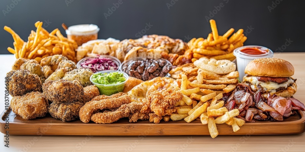 Delicious assortment of fried foods, crispy fries, and vibrant sides on a wooden platter Delicious assortment of fried foods, crispy fries, and vibrant sides on a wooden platter