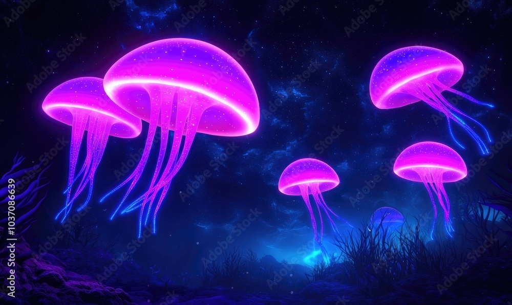 A mesmerizing scene of glowing jellyfish illuminated in a mystical underwater world with vibrant colors. A mesmerizing scene of glowing jellyfish illuminated in a mystical underwater world with vibrant colors.