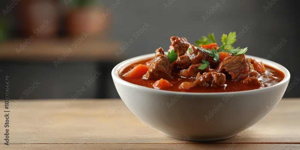 Delicious beef stew in a white bowl with herbs, ready to serve, rustic background. Delicious beef stew in a white bowl with herbs, ready to serve, rustic background.