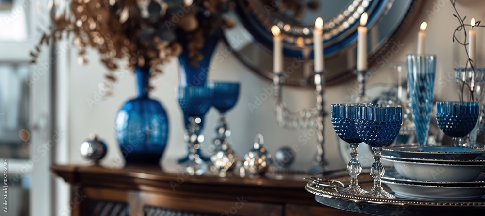 Elegant Hanukkah Decoration with Modern Menorahs and Dreidels in Blue and Silver Luxury Setting Elegant Hanukkah Decoration with Modern Menorahs and Dreidels in Blue and Silver Luxury Setting