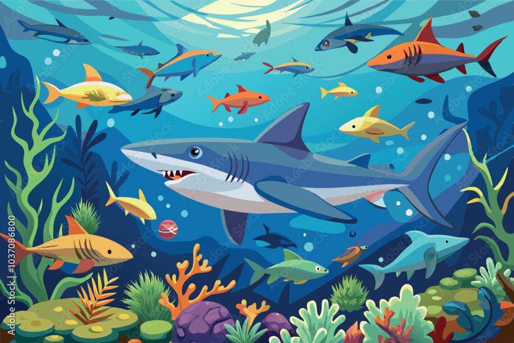 Obraz premium Cartoon sharks swimming peacefully in ocean depths illustration