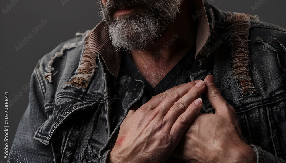 Fototapeta premium Heart attack. Man suffering from severe pain and pressing hands to chest on grey background, closeup. Banner design