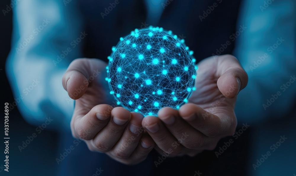 A person holding a glowing network sphere, symbolizing technology and connectivity in modern innovation. A person holding a glowing network sphere, symbolizing technology and connectivity in modern innovation.