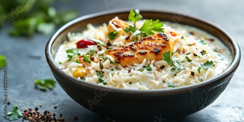 Delicious bowl of rice with grilled chicken and herbs, on a rustic table. photo