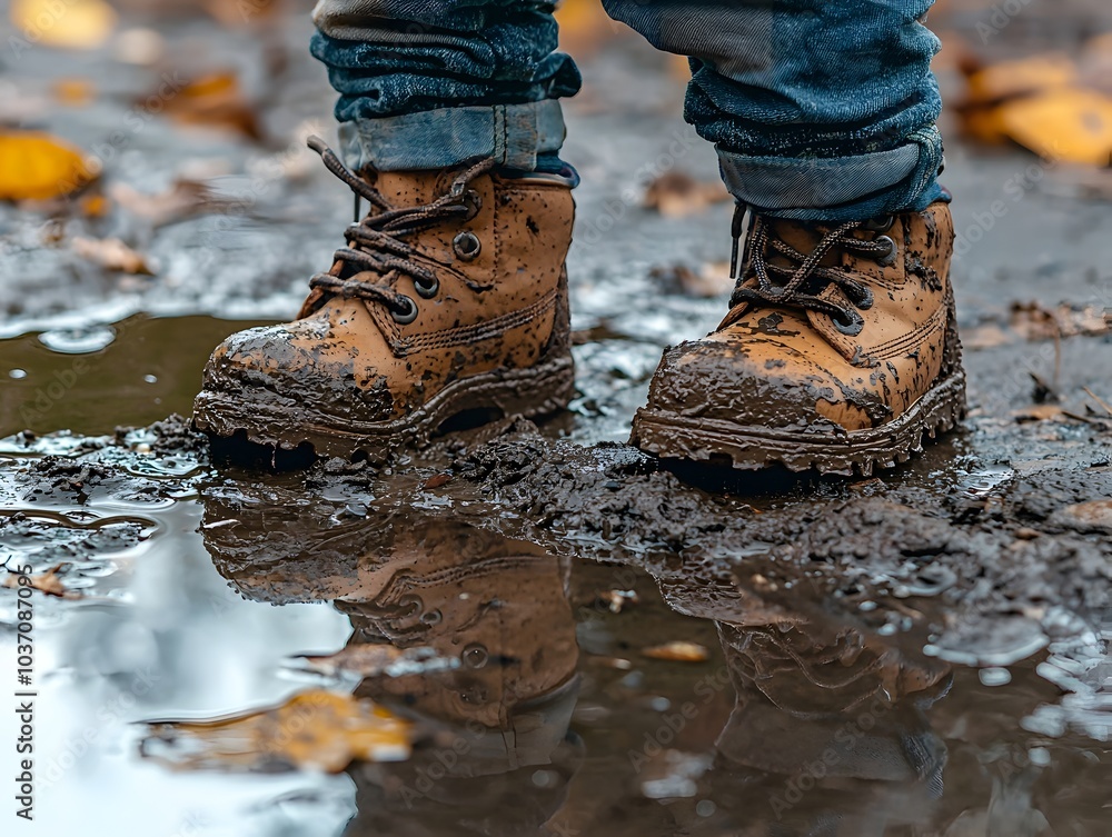 Boots Stained With Mud Next to Puddle Symbolizing Childhood and Joy Boots Stained With Mud Next to Puddle Symbolizing Childhood and Joy