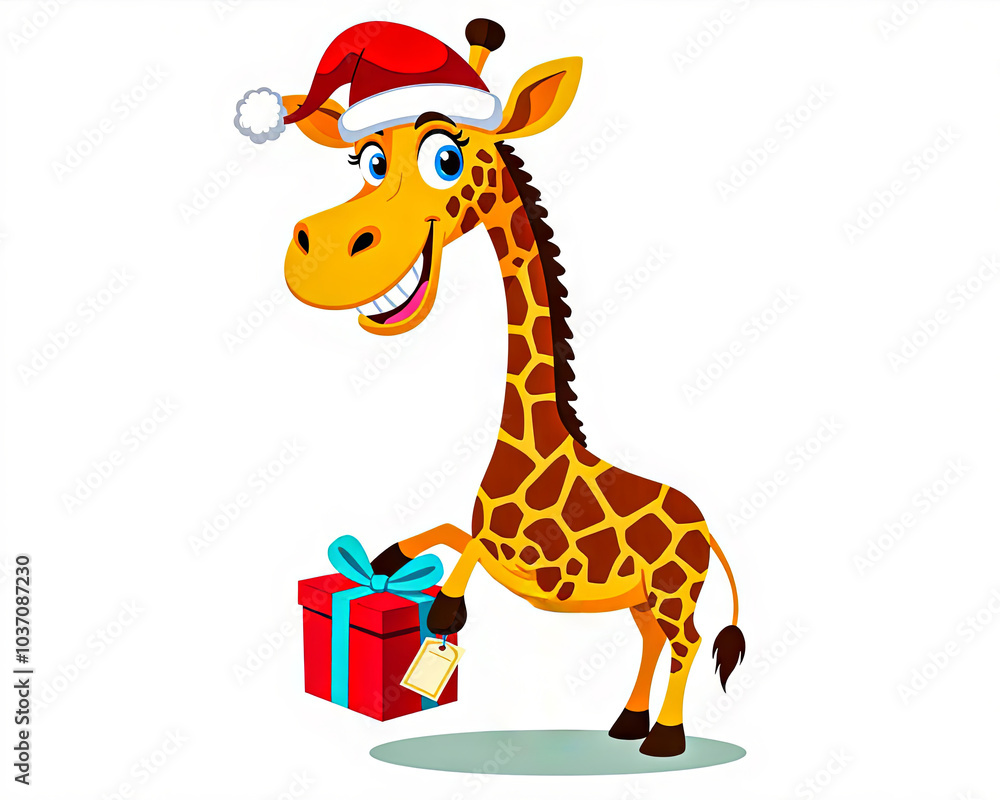 Fototapeta premium Giraffe Santa is coming with a gift.