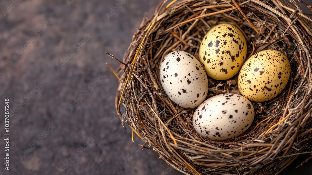 A serene nest containing beautifully speckled eggs in earthy tones, symbolizing nature and new beginnings. A serene nest containing beautifully speckled eggs in earthy tones, symbolizing nature and new beginnings.