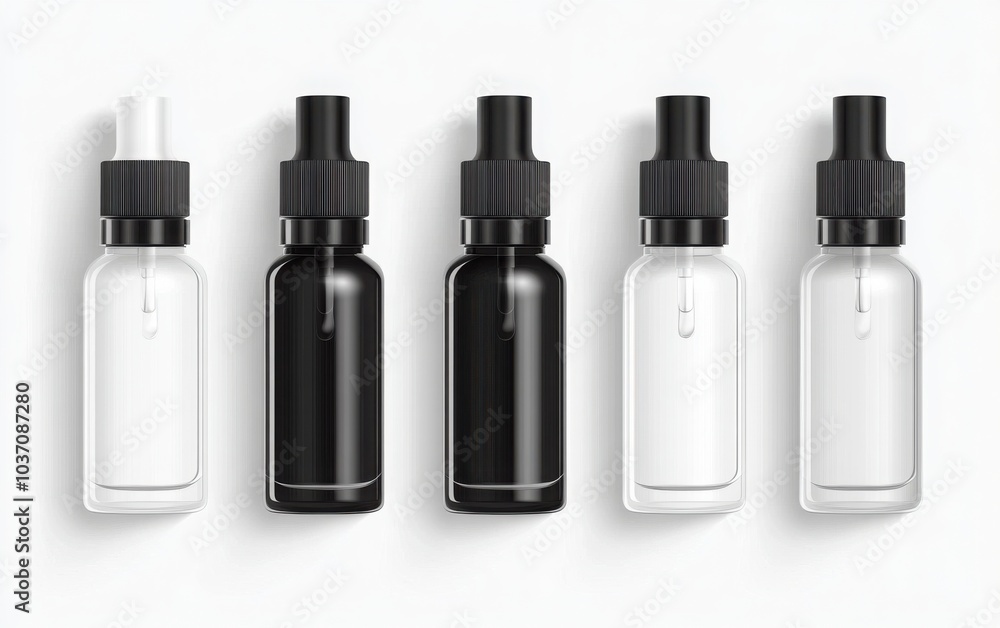 A realistic set of spray glass bottles with elegant white and black caps in a vector illustration, placed on a minimalist A realistic set of spray glass bottles with elegant white and black caps in a vector illustration, placed on a minimalist