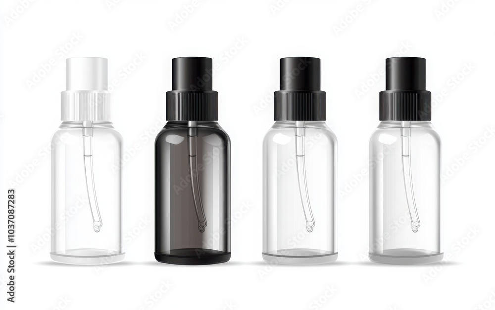 A realistic set of spray glass bottles with elegant white and black caps in a vector illustration, placed on a minimalist A realistic set of spray glass bottles with elegant white and black caps in a vector illustration, placed on a minimalist