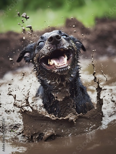 Joyful Dog Playing Happily in the Mud with Splashes Grinning in Pure Bliss