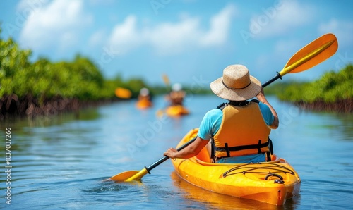 A serene kayaking adventure through lush mangroves under a bright blue sky, perfect for nature lovers and outdoor enthusiasts.