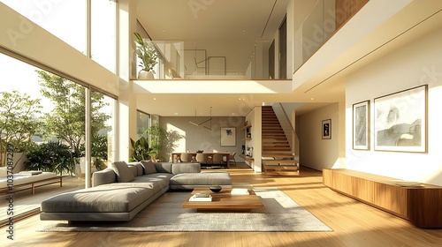 Bright and airy modern living room featuring a comfortable gray sofa, large windows, and natural wood accents that create a serene atmosphere.
