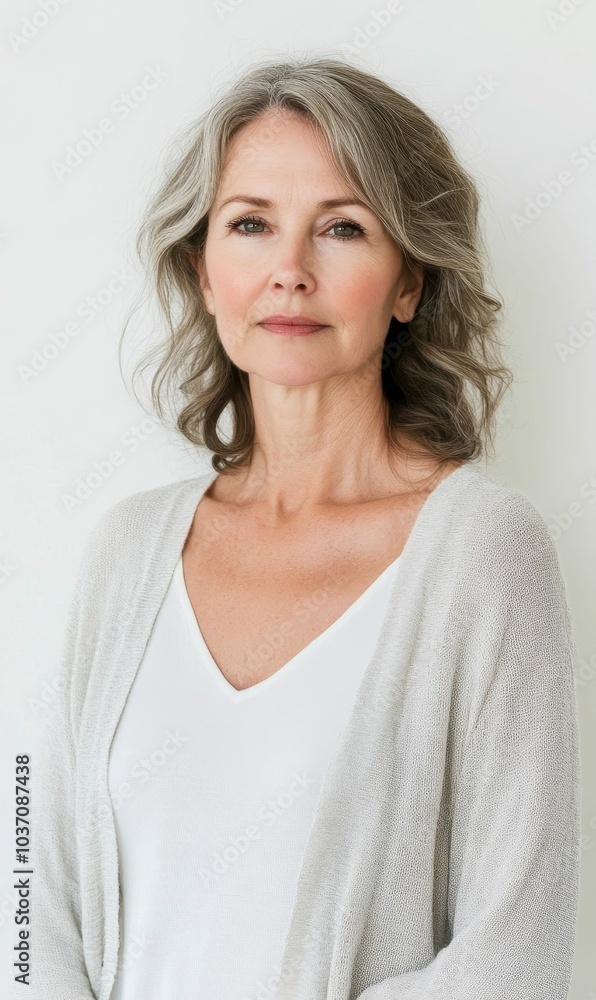 Mature woman with gray hair wearing a white cardigan. Mature woman with gray hair wearing a white cardigan.