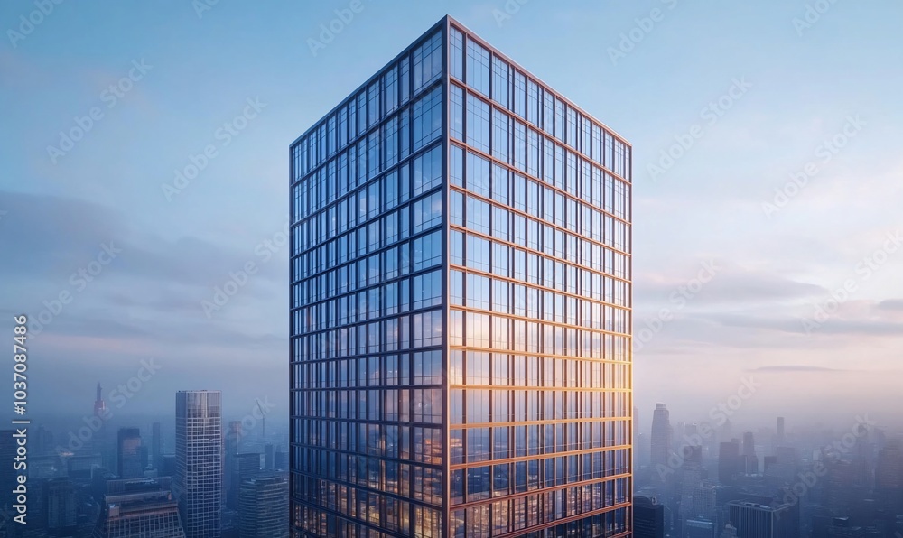A modern skyscraper with a glass facade rises above a city skyline at dawn. A modern skyscraper with a glass facade rises above a city skyline at dawn.