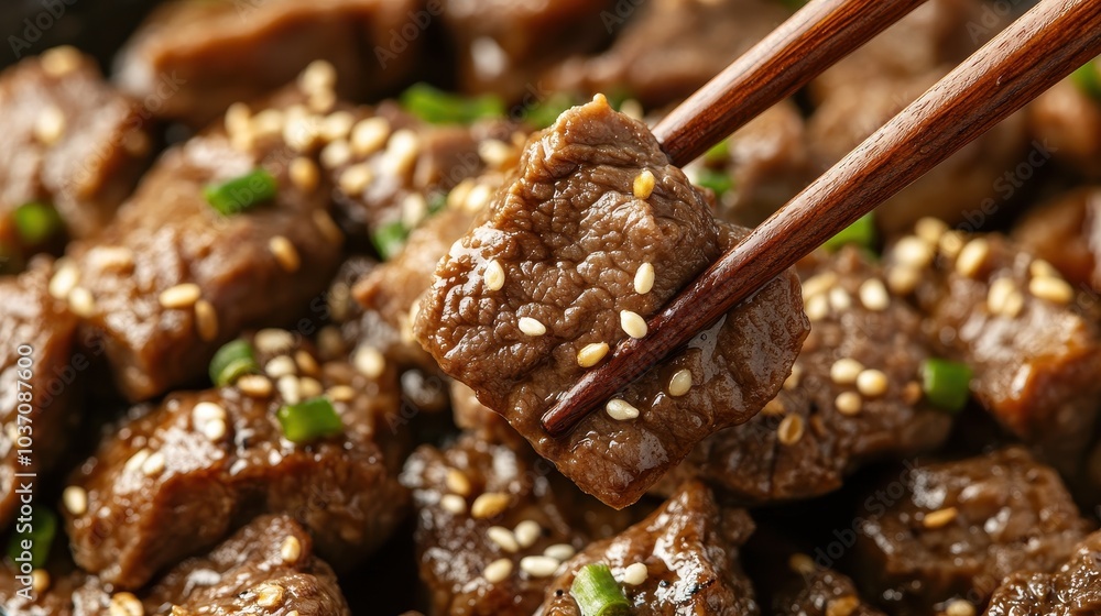Close-Up of Meat Pieces Held by Chopsticks Close-Up of Meat Pieces Held by Chopsticks