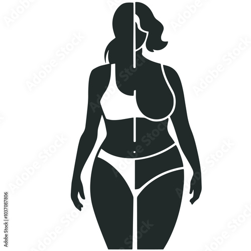 silhouette style image of a woman before and after weight loss. The image is in a flat style. The woman is shown as a thin silhouette before weight loss and a slim silhouette after weight loss