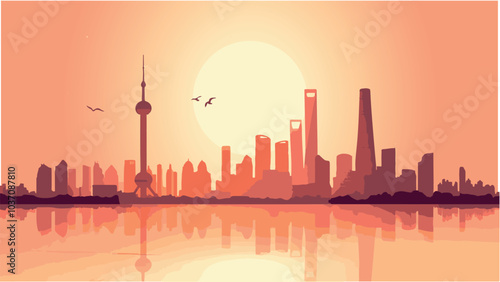 The Iconic Towers of Shanghai at Sunset.eps