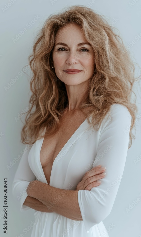 Blonde woman in white dress, arms crossed. Blonde woman in white dress, arms crossed.