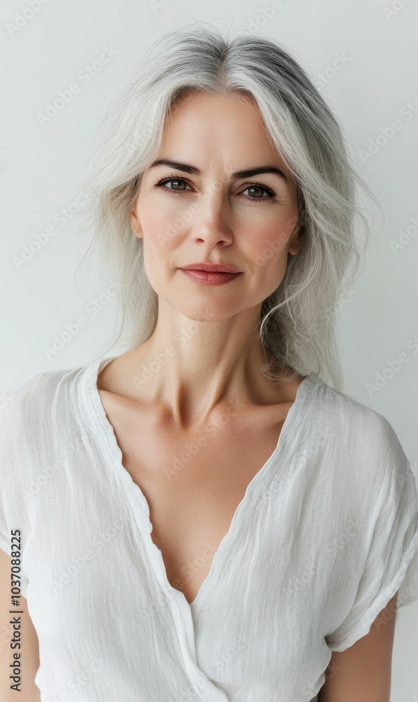 Fototapeta premium A woman with grey hair wearing a white shirt.