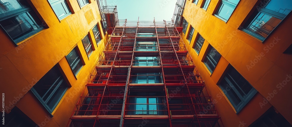 Fototapeta premium A view of a building under construction, showcasing scaffolding and vibrant orange walls.