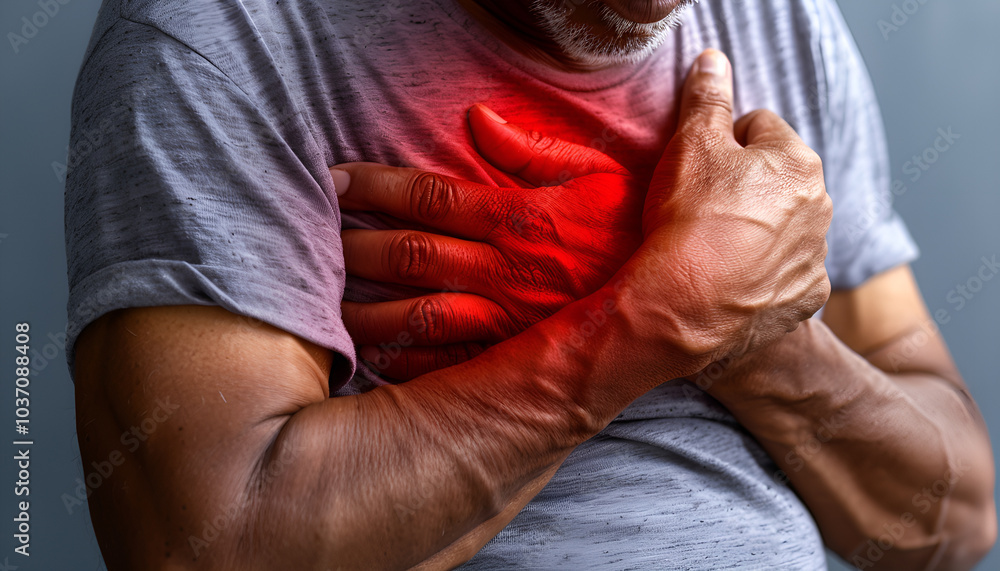 Heart attack. Man suffering from severe pain and pressing hands to chest on grey background, closeup. Banner design Heart attack. Man suffering from severe pain and pressing hands to chest on grey background, closeup. Banner design