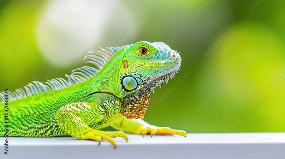 Fototapeta premium A vibrant green iguana perched gracefully against a soft blurred background, showcasing its striking colors and unique features.