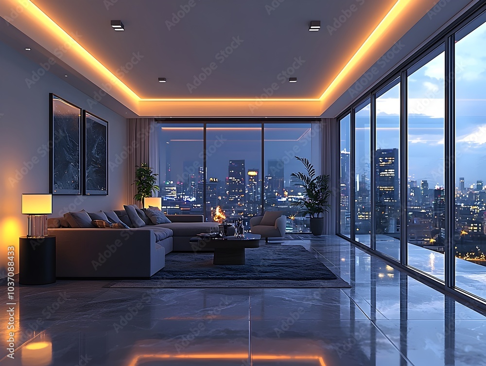 A modern living room featuring sleek furniture and a stunning city skyline view at dusk, illuminated by warm ambient lighting. A modern living room featuring sleek furniture and a stunning city skyline view at dusk, illuminated by warm ambient lighting.