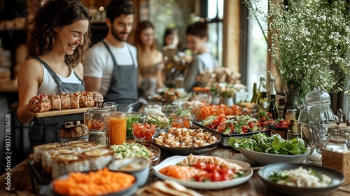 Minimalist setup showcasing a dietfocused lunch with a clean organized background and people photo